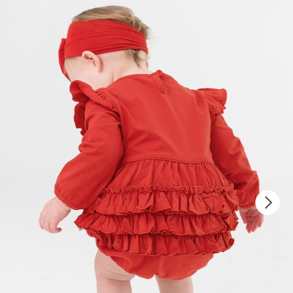 RuffleButts Long Sleeve Knit Bubble Romper with matching bow headband in rust